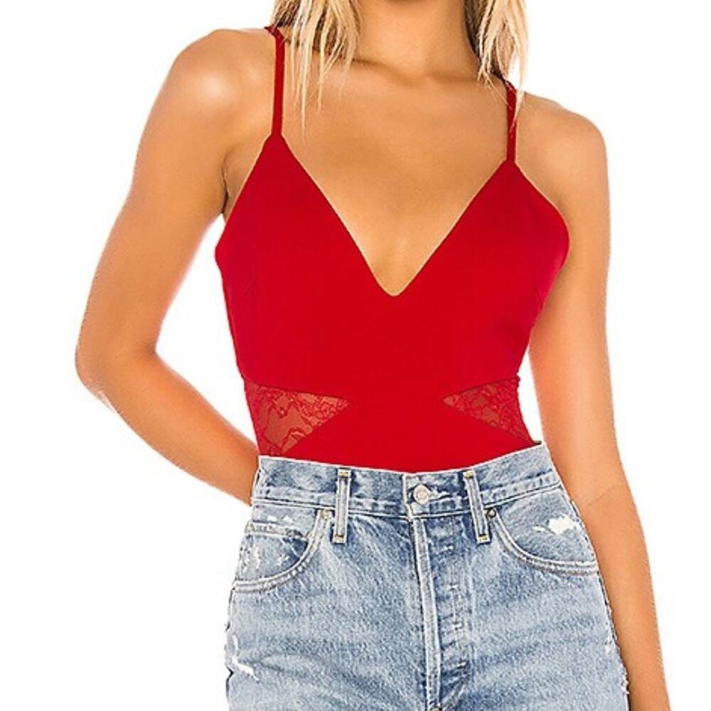 Lovers + Friends x Revolve Kerrie Bodysuit Cherry‎ Red Women’s XS Lace Cut Out